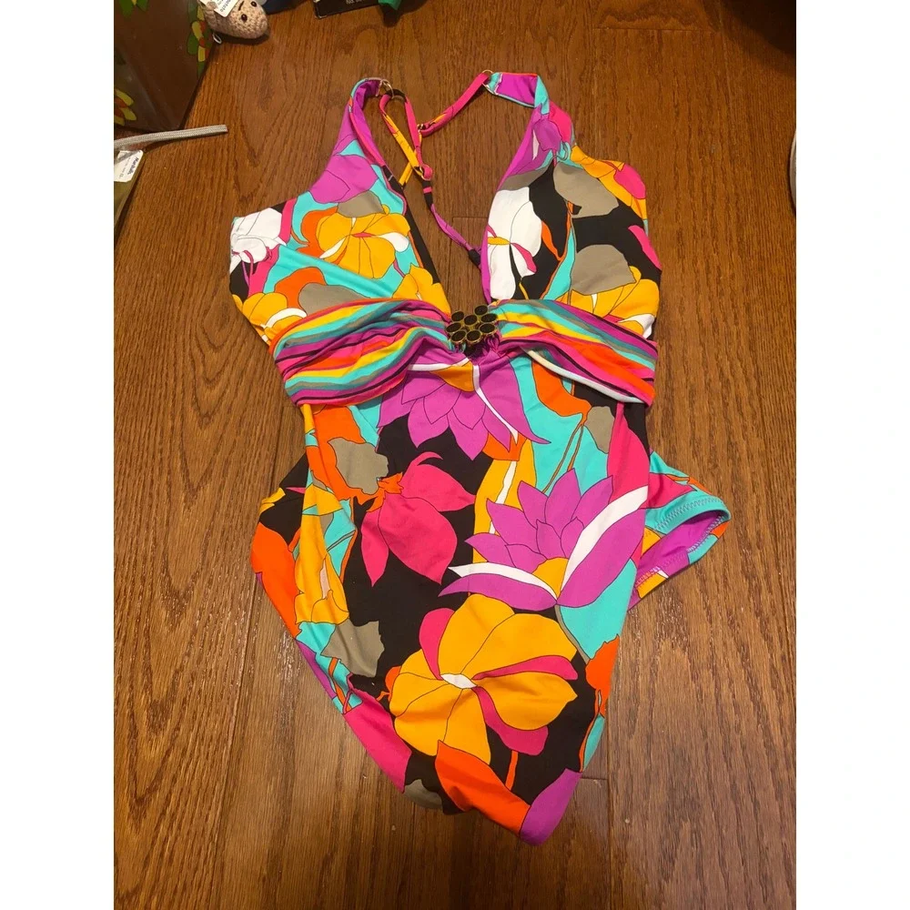 Trina Turk Gemini Plunge One Piece‎ Swimsuit Multicolor Black Hardware NWT 14
